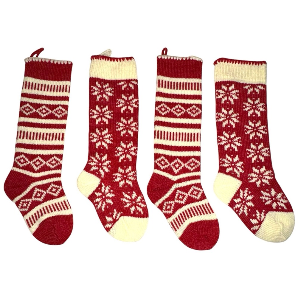 Set of 4 - Pier 1 Imports Family Christmas Stocking Red & Cream EUC
